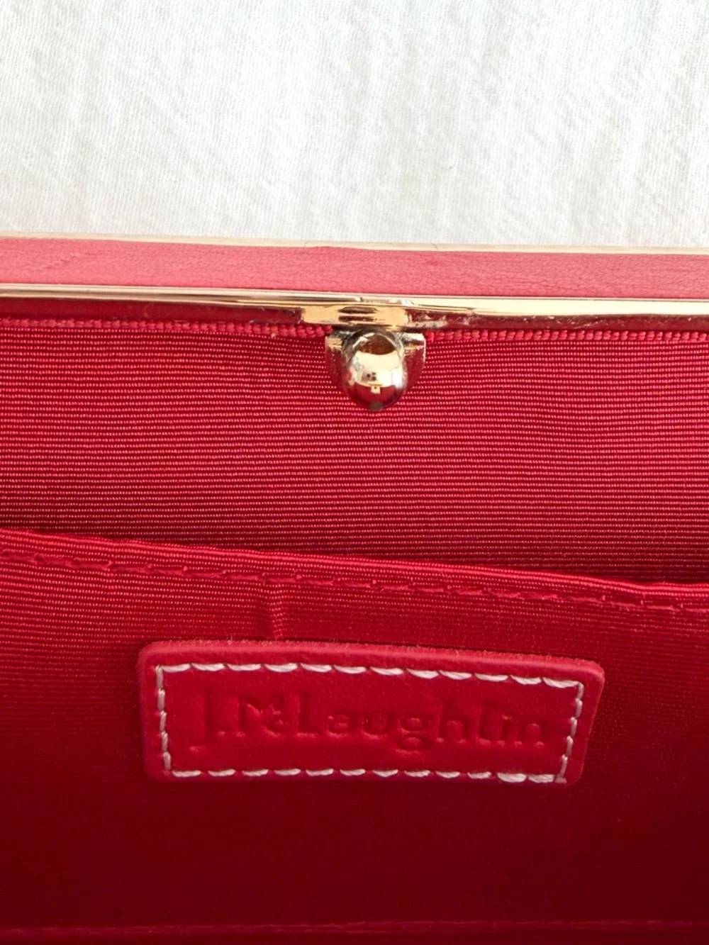 J. McLaughlin Small Red & Gold Leather Clutch Shoulder Purse w/ Gold Chain
